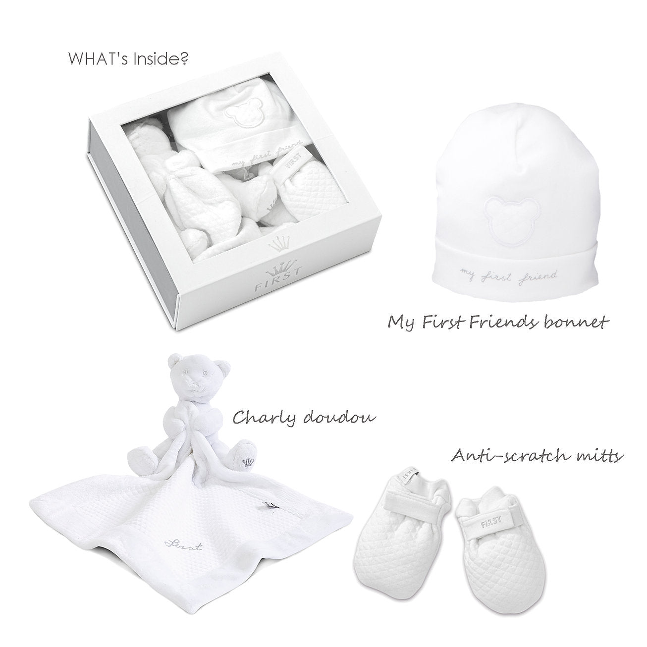 Geschenkset maternity - muts / krabwantjes / doudou White - First