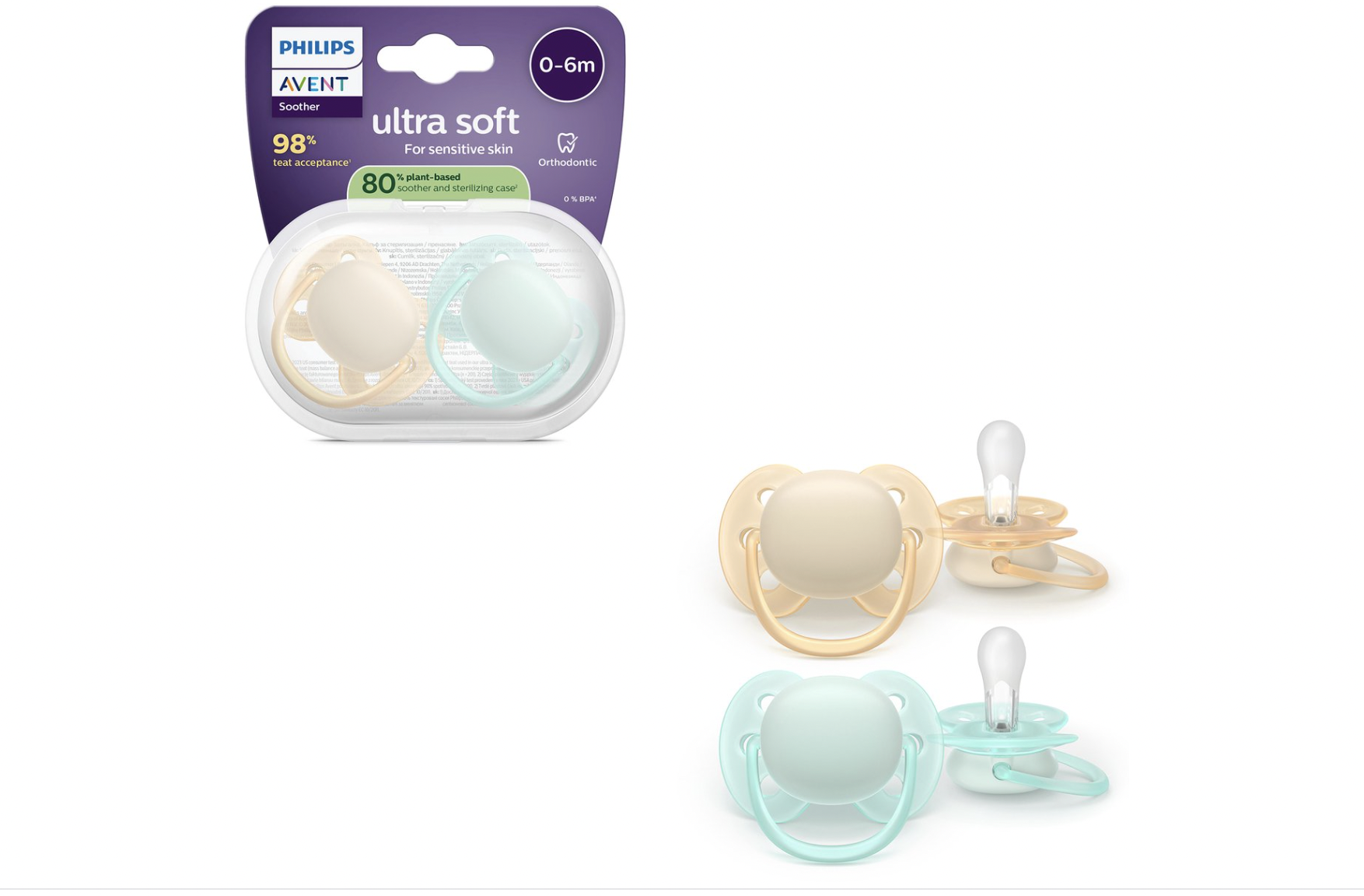 Philips Avent Ultra Soft fopspeen – Superzachte siliconen fopspeen (0-6 mnd) – Voor gevoelige huid – 2 stuks - SCF091/40
