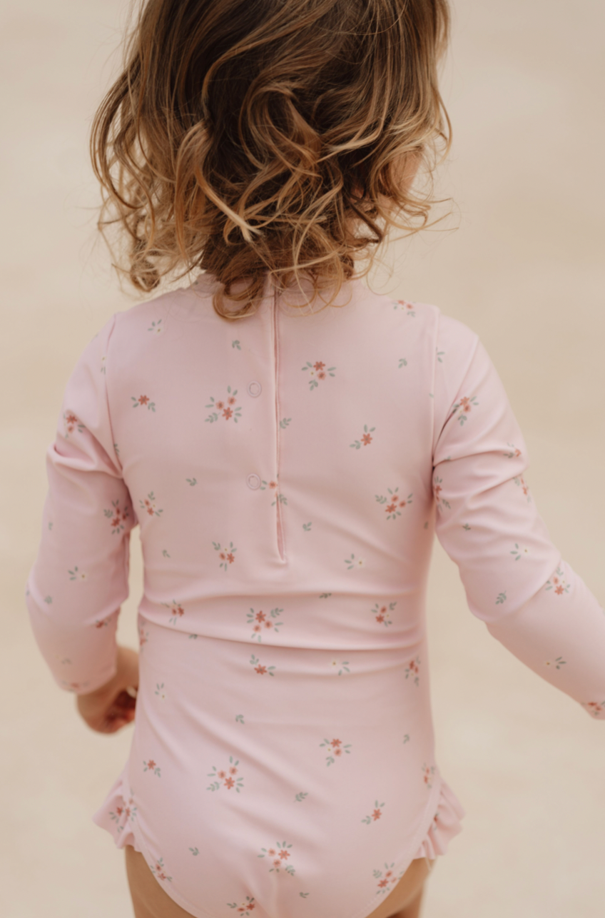 Badpak lange mouw ruches Rosy Meadows -  maat 62/68 - Little Dutch