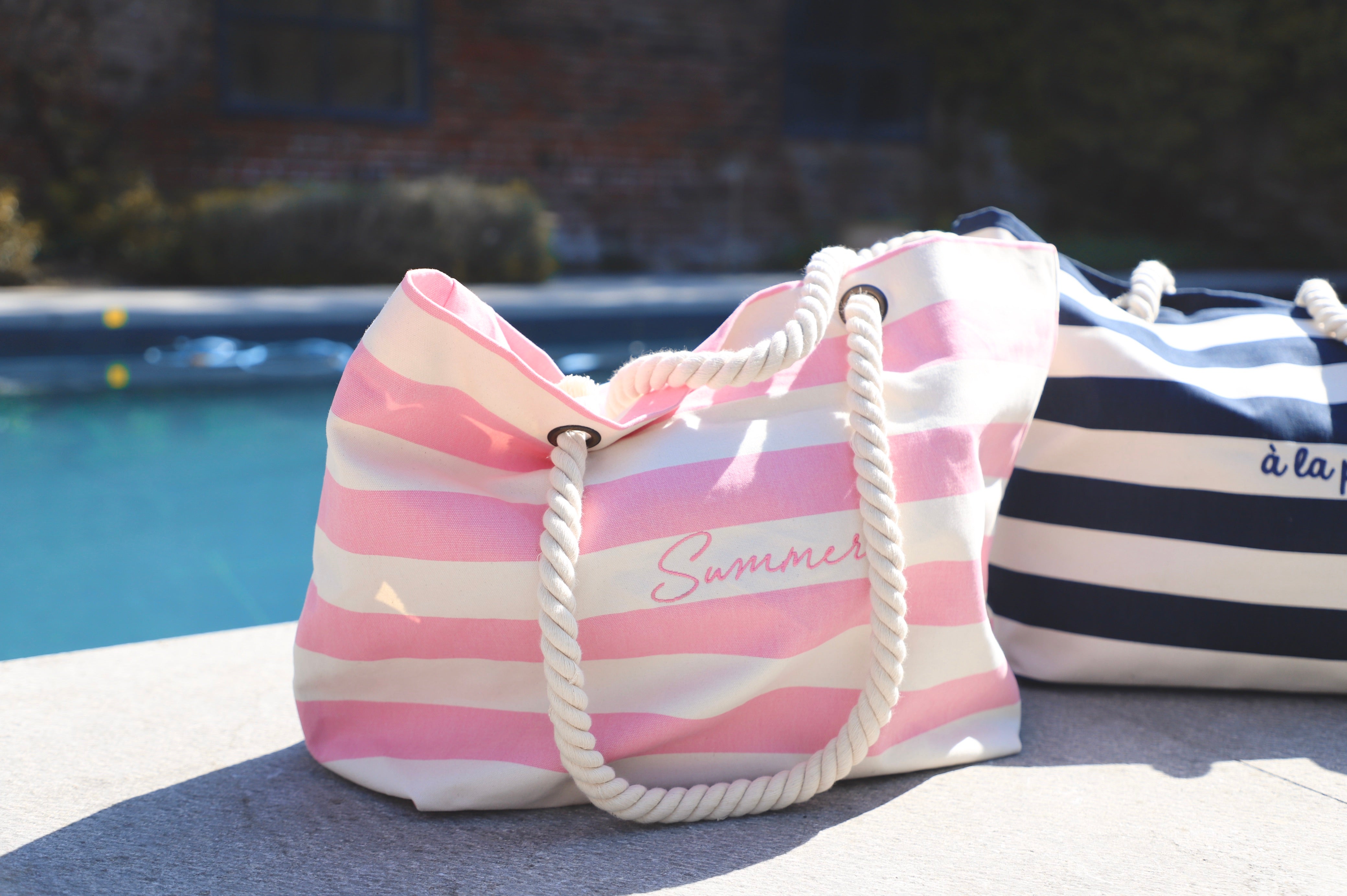 Strandtas blauw/roze/ natural