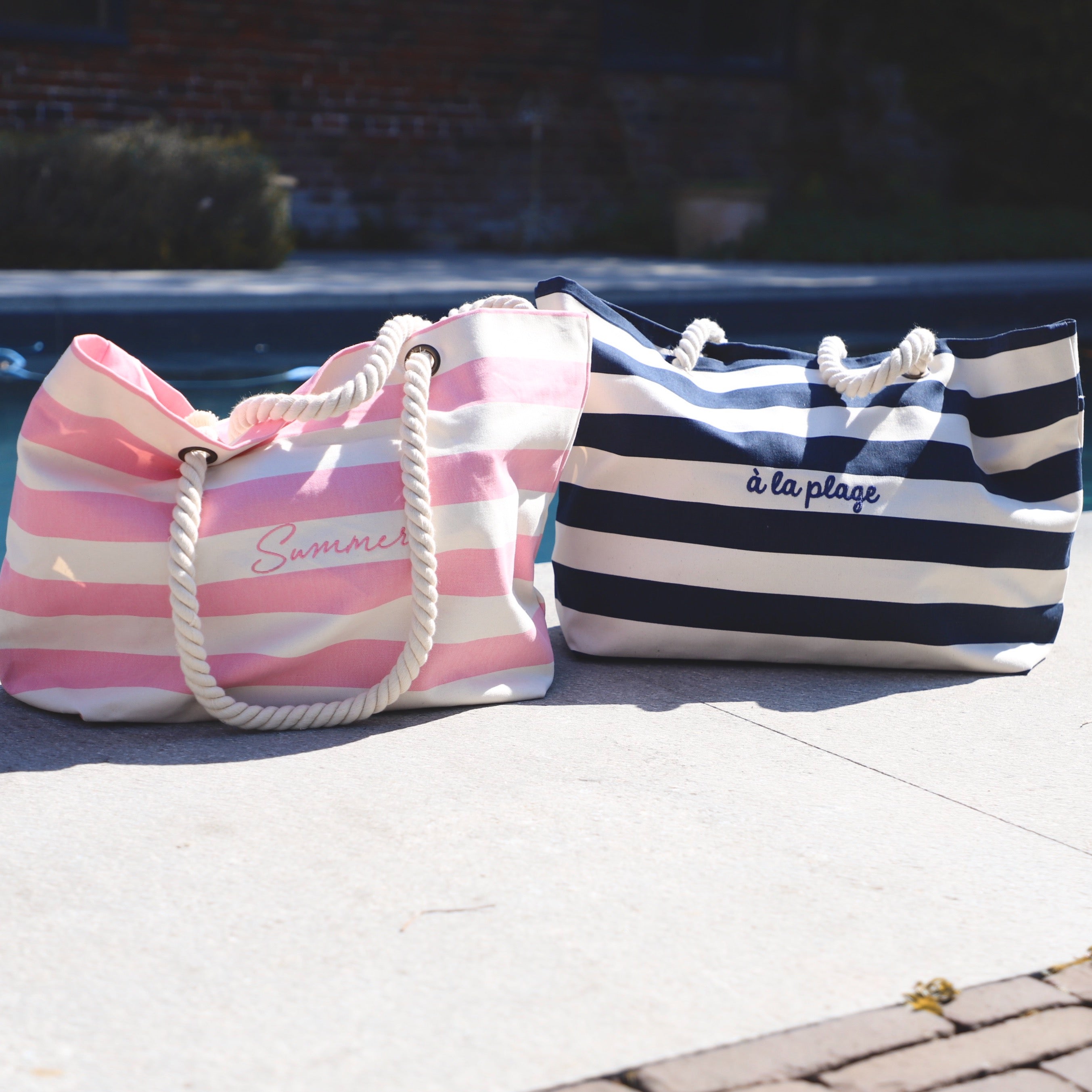 Strandtas blauw/roze/ natural